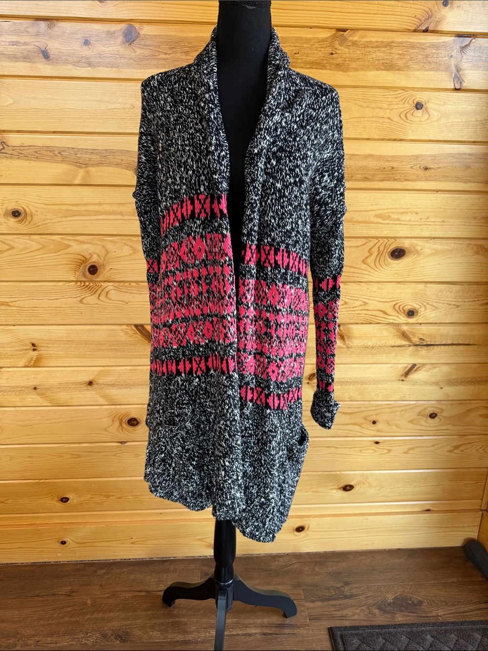 Express Black and Pink Open-Front Knit Cardigan